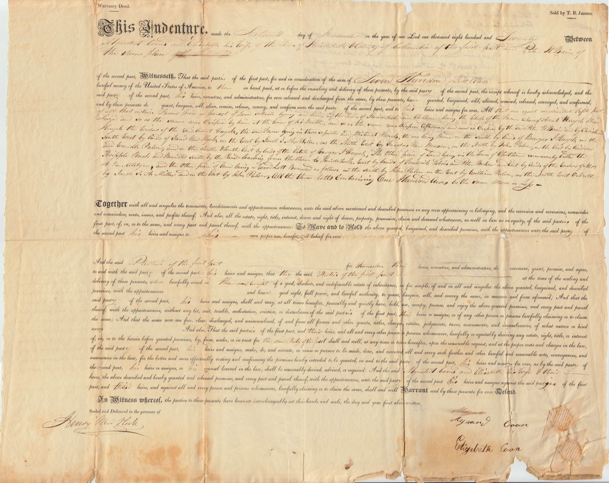 BH109, 1820-12-16 Deed, One Fifth Part of Arent Huyck's Farm by Myndert & Elizabeth Coon to Peter H Bain